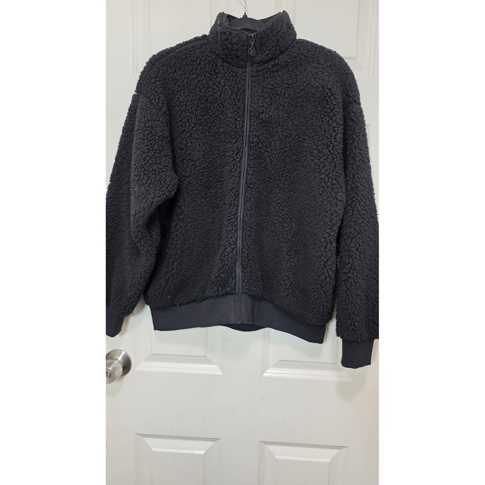 Victoria's Secret Sherpa Fleece Jacket Womens Medium Black Full Zip Mock Neck